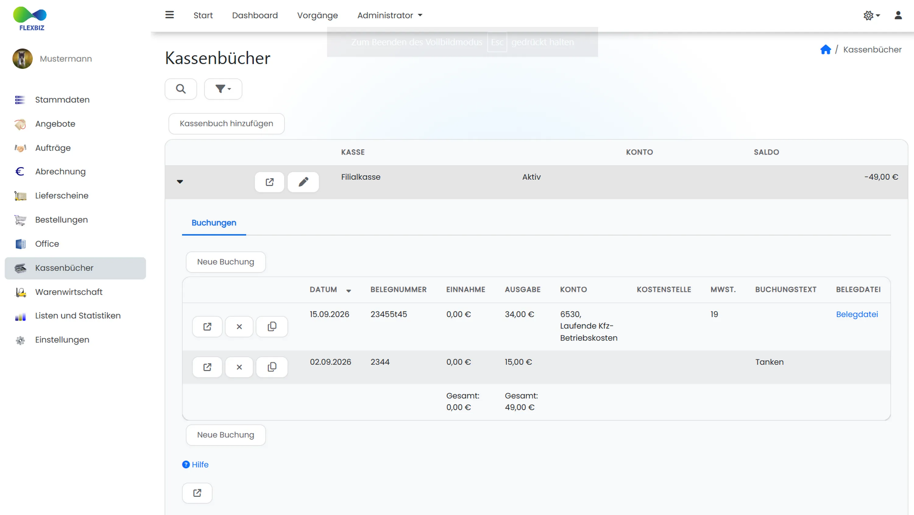 Flexbiz Kassenbuch Ansicht