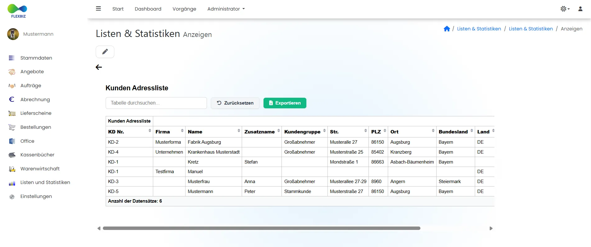 Flexbiz Auswertungen und Listen